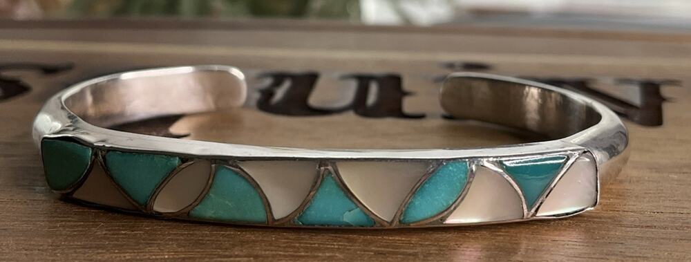 Vintage SKJ Sterling Silver Turquoise Inlay Cuff Bracelet 26g